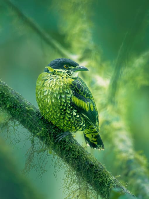 A Scaled Fruiteater perched on a branch in the misty cloud forest.